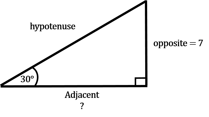 A right triangle with a 30 degree angle where the opposite side is 7 and the adjacent and hypotenuse are unknown.