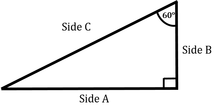 A right triangle with a 60 degree angle with opposite side A, adjacent side B, and hypotenuse C.