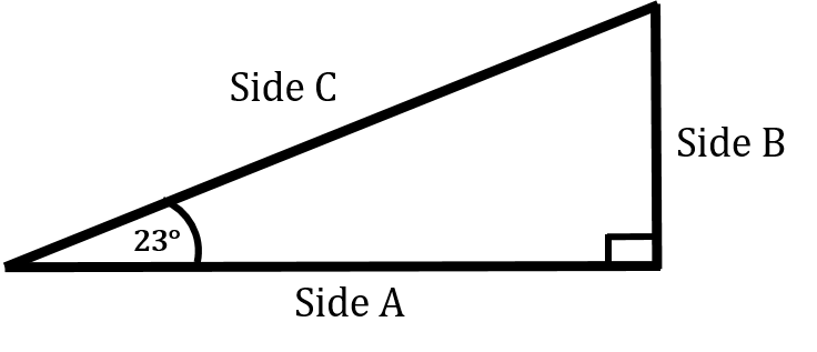 A right triangle with a 23 degree angle with adjacent side A, opposite side B, and hypotenuse C.