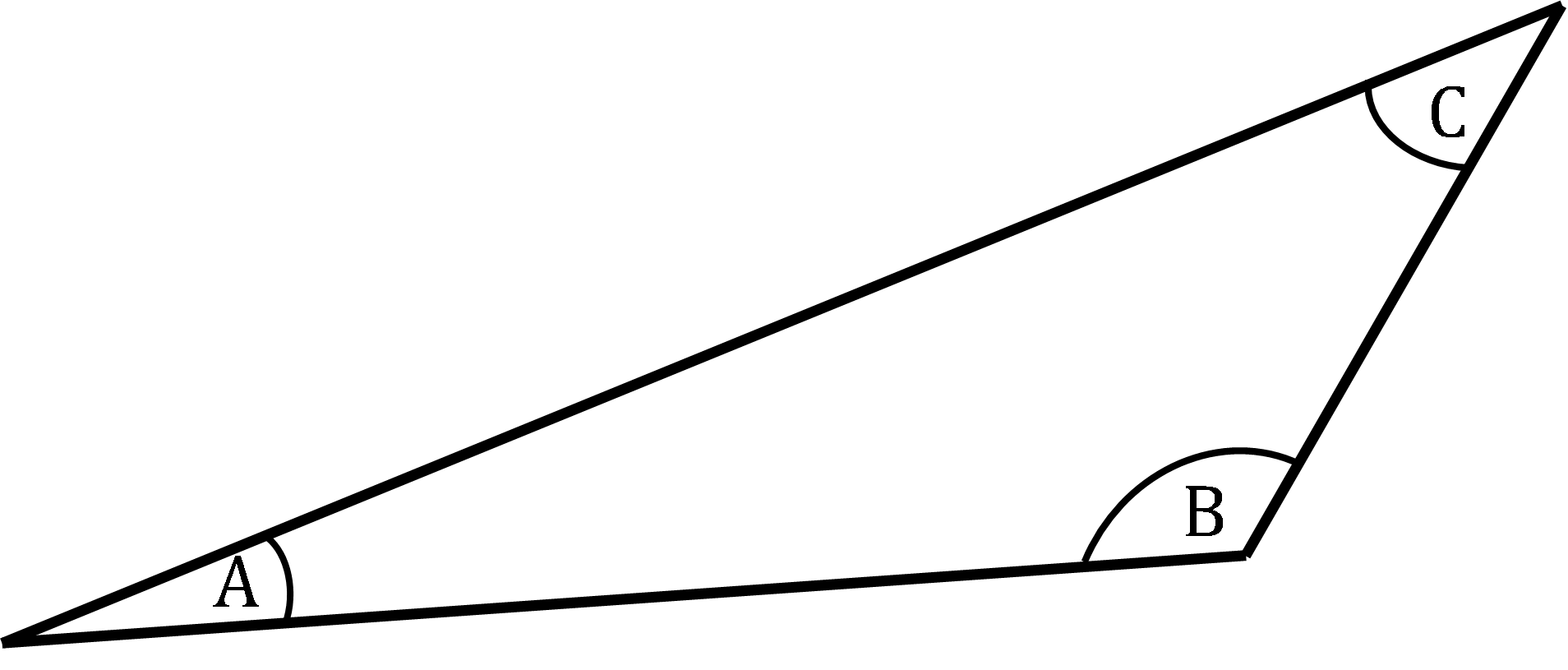 An obtuse right triangle with angles marked A, B and C.