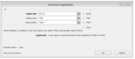 IF Function Dialog Box with formula for Logical Test: = FALSE. "Fail" if value true, "Pass" if value false.