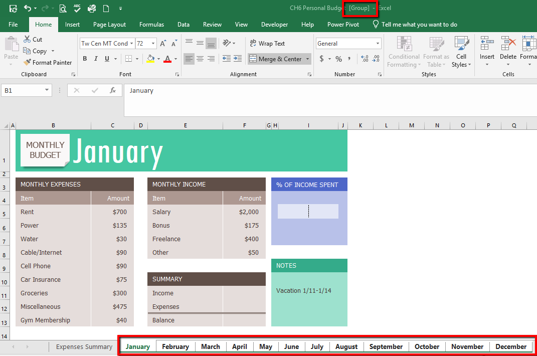 Group of 12 months is circled in black and text is bold indicating they are grouped. [Group] is added to CH6 Personal Budget file name at top right.