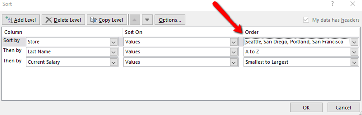 Screenshot of the Sort Dialogue Box shows the new Custom List order