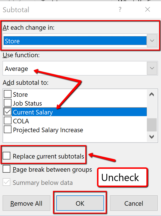 Screenshot of the Subtotal Dialogue Box, Subtotal Within A Subtotal
