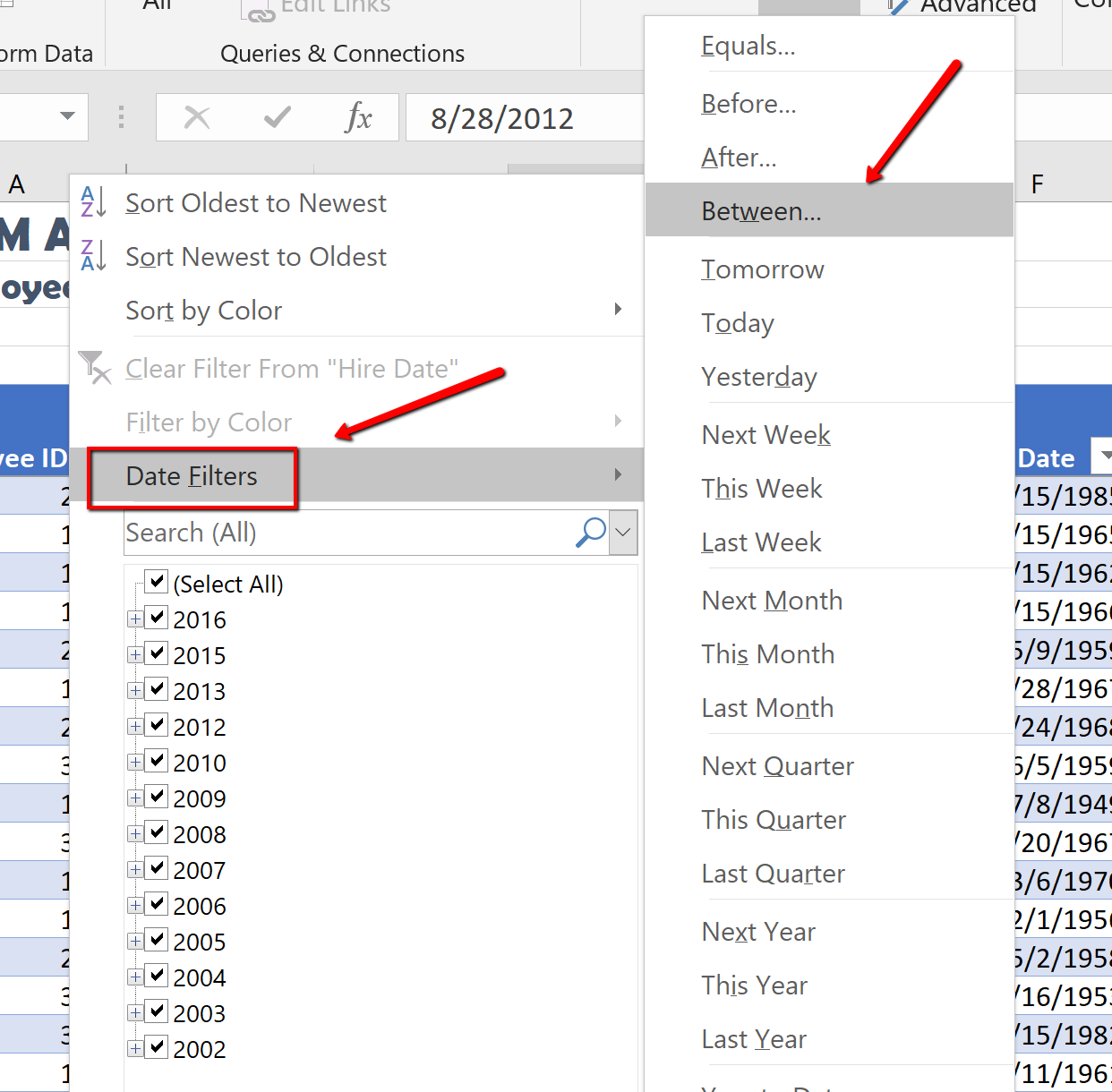 Screenshot of the Date Filter Menu