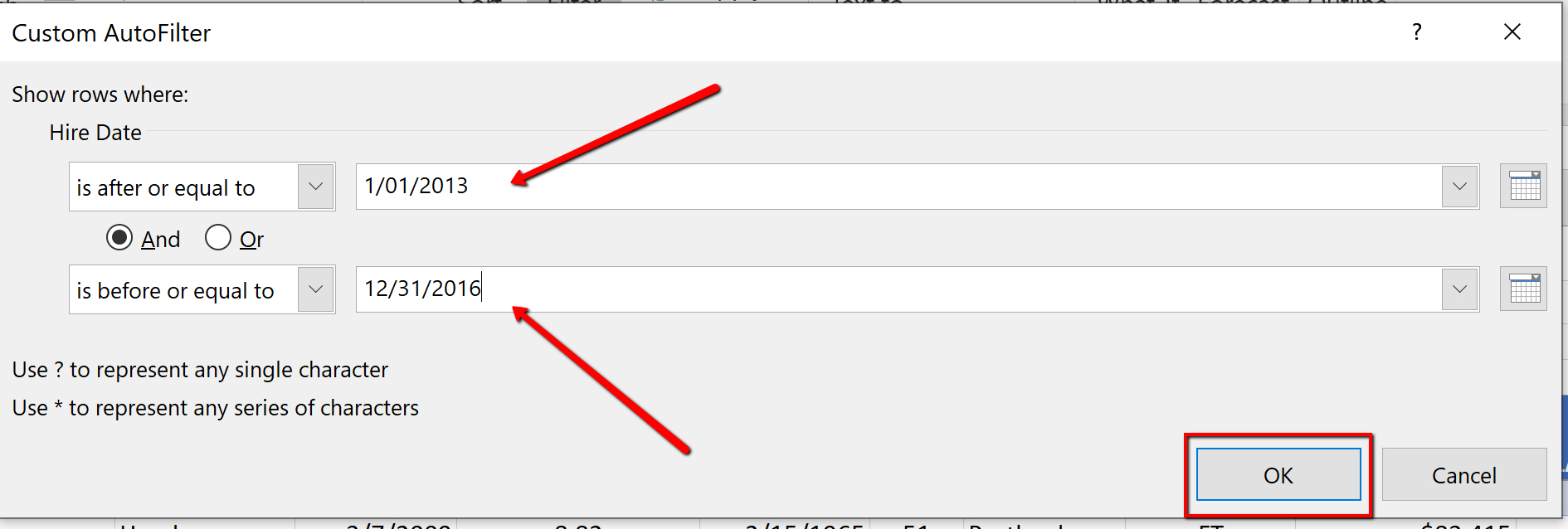 Screenshot of the Date Filter Between Dialogue Box
