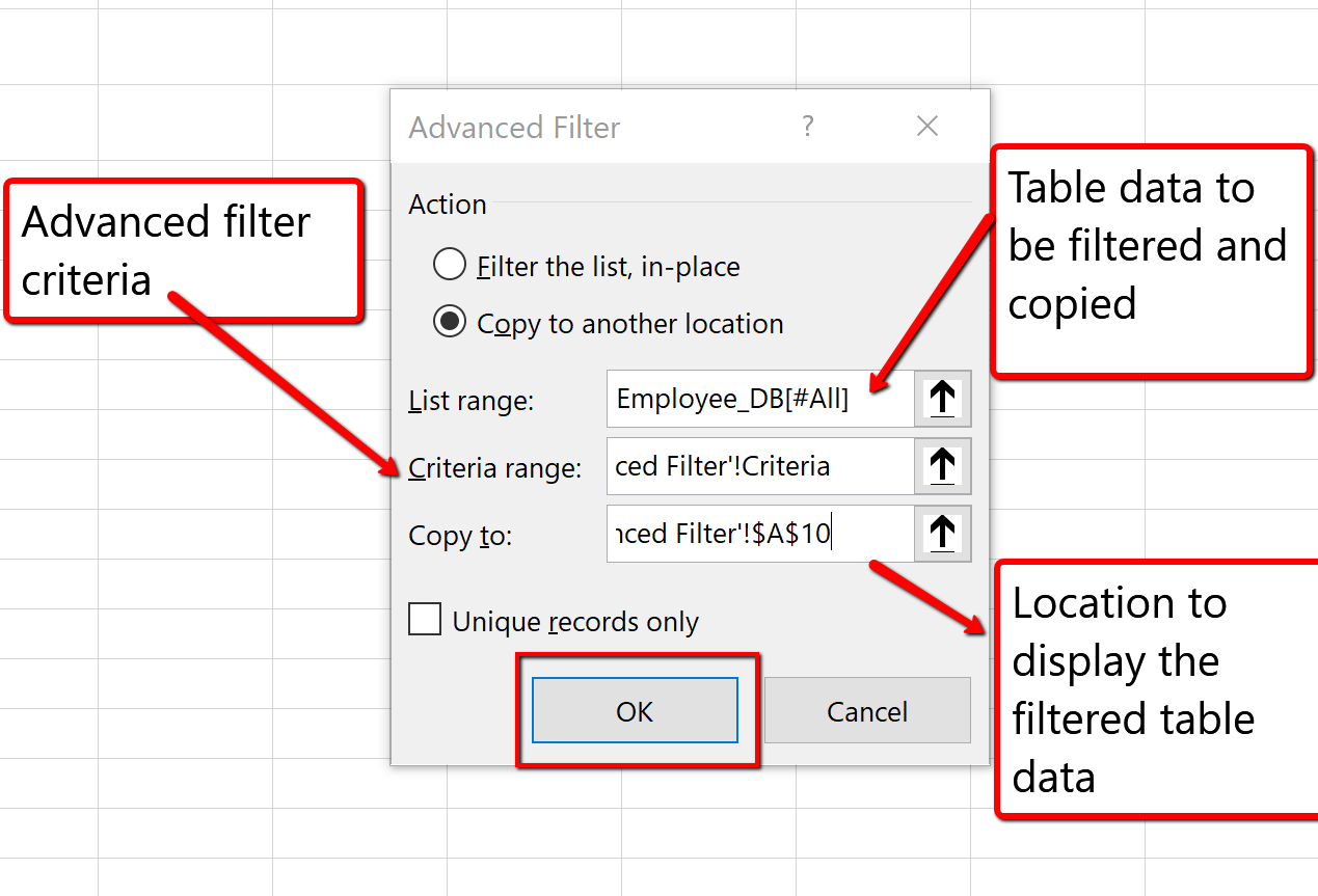 Screenshot of the Advanced Filter Dialogue Box