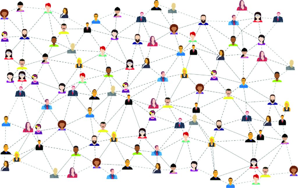 An illustration of a network of people connected by dotted lines.