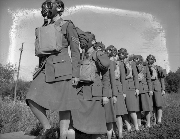 Personnel entering a gas chamber during a training exercise, No. 2 CWAC Basic Training Centre, Vermilion, Alberta