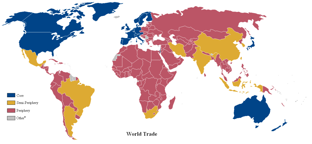 Map showing how the world is divided into core, semi-peripheral and peripheral countries accordinng to world systems theory.