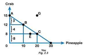 Graph showing the points of the t graph. Crabs on the y axis and pineapple on the x axis