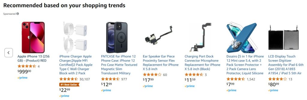 Images from Amazon showing Apple accessories like chargers, cases, microphones.