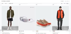 Canada Goose product site including jacket, glasses, shoes and vest