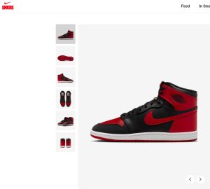 Image of Air Jordan 1 High '85 Red and black Nike shoe.