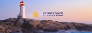 A picture of the lighthouse at Peggy's Cove. Just above the rocks are the words "Credit Unions Atlantic Canada".