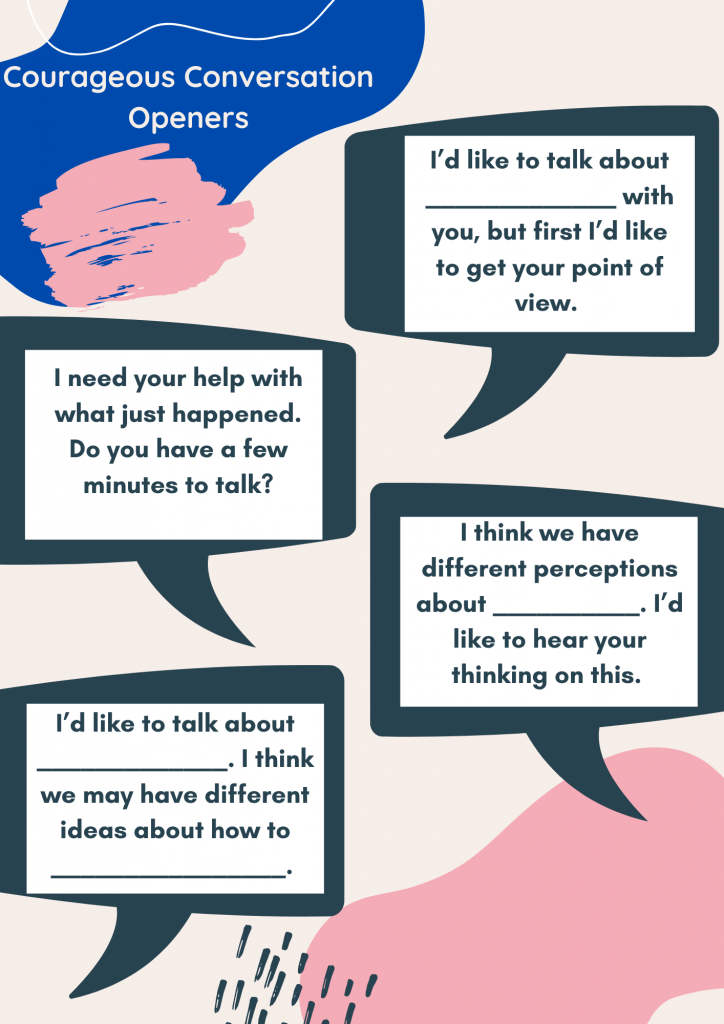 Courageous Conversations Openers I’d like to talk about …blank… with you, but first I’d like to get your point of view. I need your help with what just happened. Do you have a few minutes to talk? I think we have different perceptions about…blank… I’d like to hear your thinking on this. I’d like to talk about …blank… I think we may have different ideas about how to …blank…