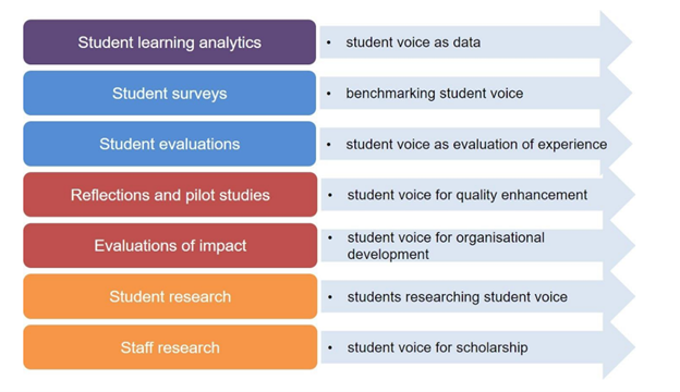 A coloured graph that presents a visual representation of the seven directions for institutional research to solicit and gather student voice