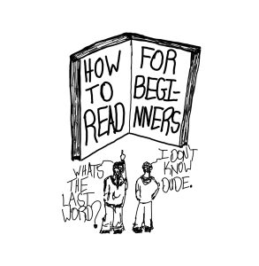 Drawing of two people trying to decipher a poorly formatted message