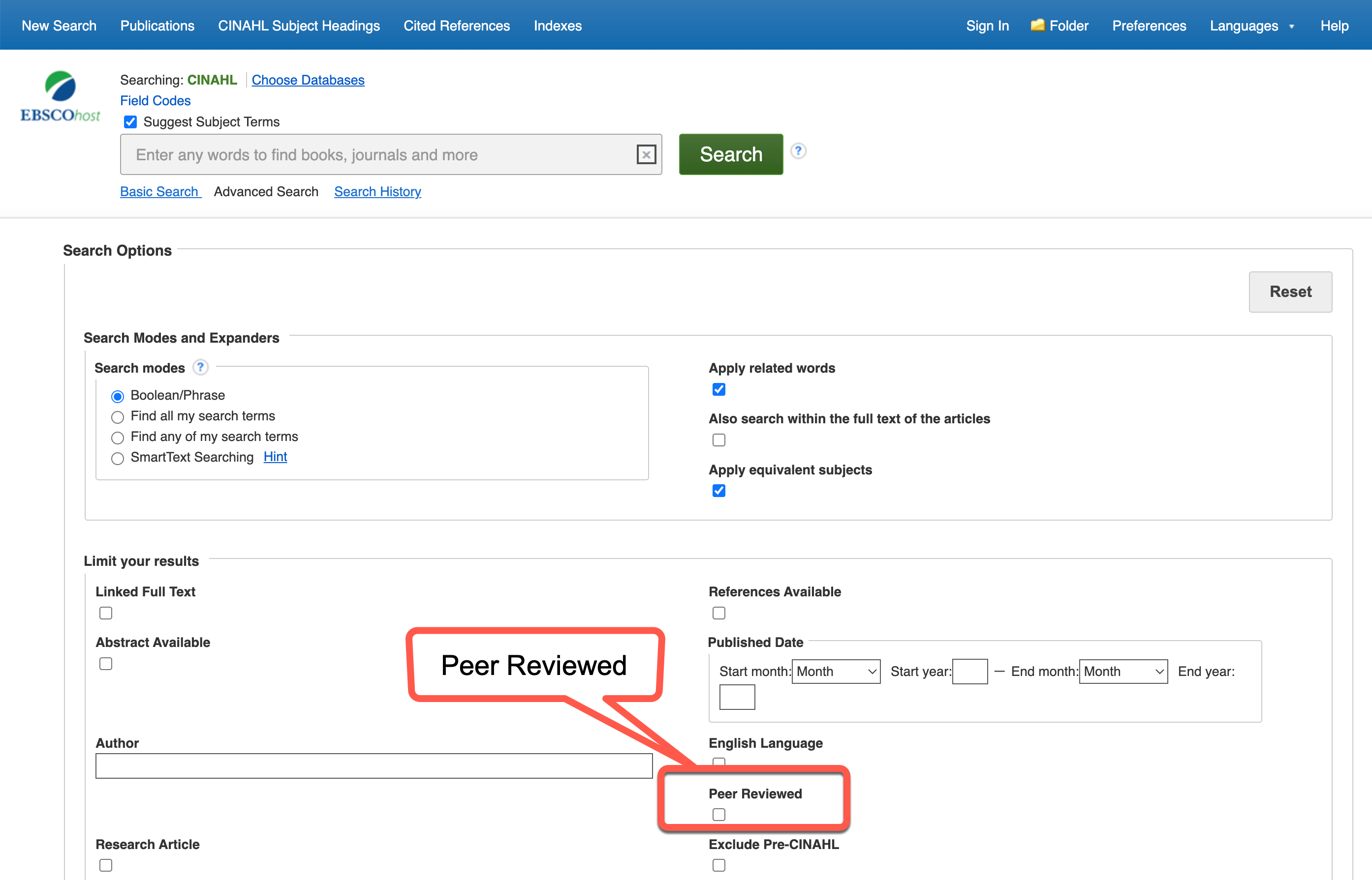 Screenshot of EBSCO CINAHL highlighting the Peer Reviewed checkbox on the Advanced Search Page
