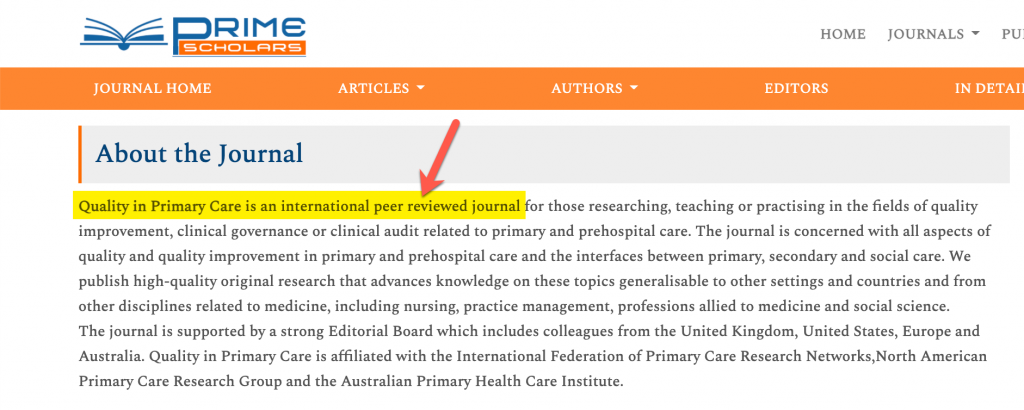 Screenshot of a journal "About" page with information about it's peer review process highlighted