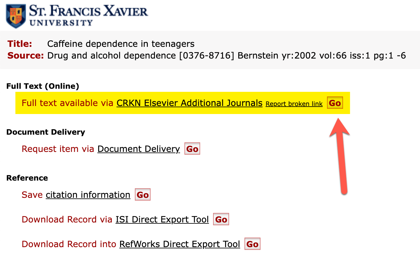 Screenshot of the Link Resolver highlighting how to gain access to the article through StFX