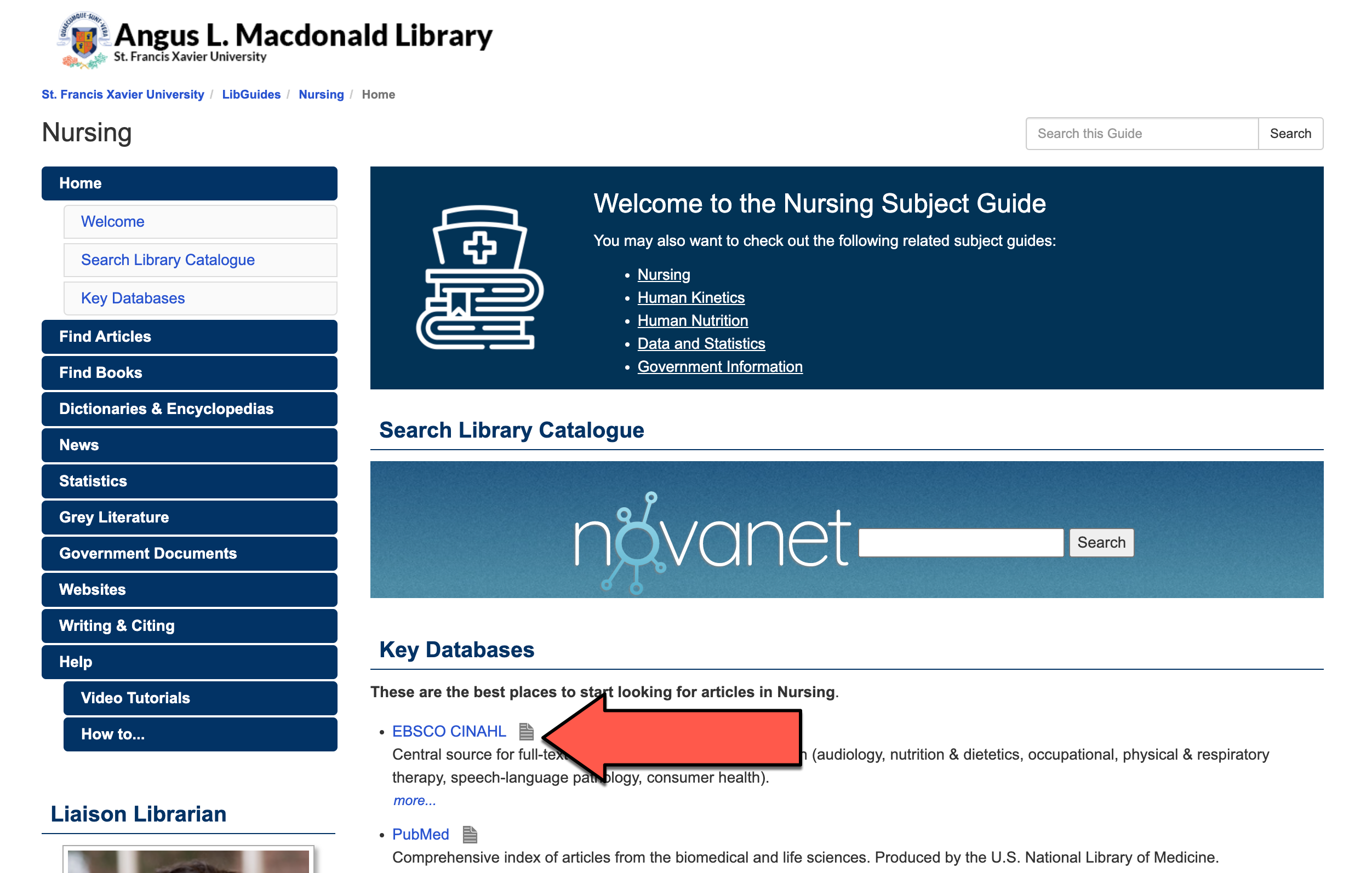 Screenshot of the Nursing Subject Guide highlighting the EBSCO CINAHL database link