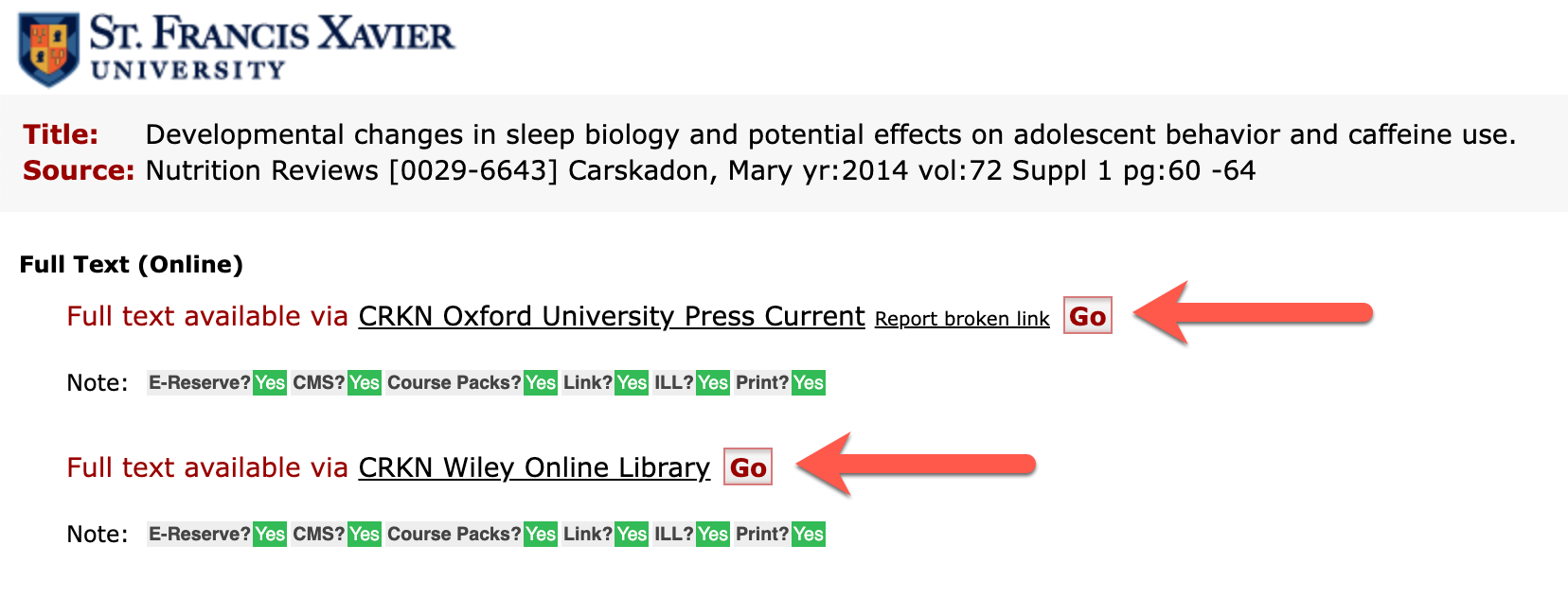 Screenshot of the Link Resolver Highlighting options to gain access to a journal article