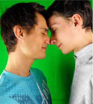 Two people touch foreheads and noses