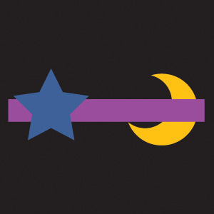 Blue star in front of purple line. The purple line is in front of a yellow crescent moon