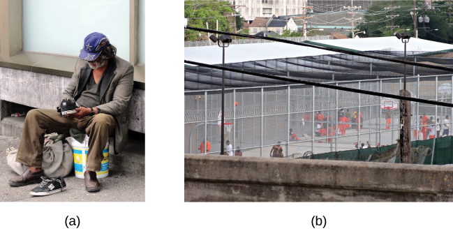 Photograph A shows a person sitting on a bucket, leaning on the side of a building. A bag of belongings are at their feet. They hold a sneaker and the other one is on the ground in front of them. Photograph B shows a prison yard from afar. There are several people gathered around a basketball court.