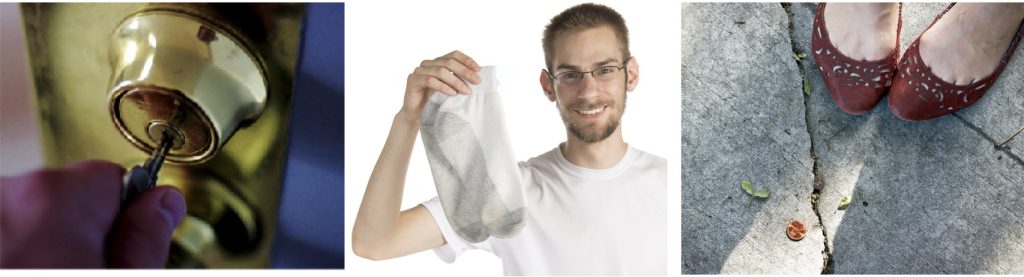 Three photos are shown side by side. From left to right: a person placing a key into the keyhole on a door, a man holding up a pair of old athletic socks, a crack in the sidewalk beside a pair of feet.