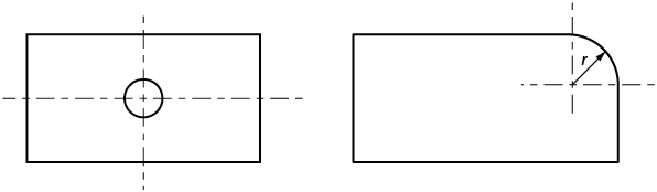 Technical drawing showing center lines and radius