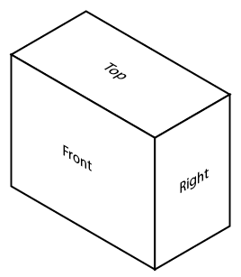 Finished isomentric view of block with top, front, and right faces labelled