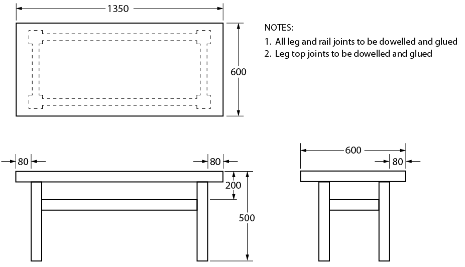 Technical drawing with three views of a table showing dimensioning techniques
