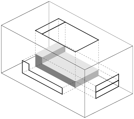 Multi-view of L shaped object as if projected onto a glass box