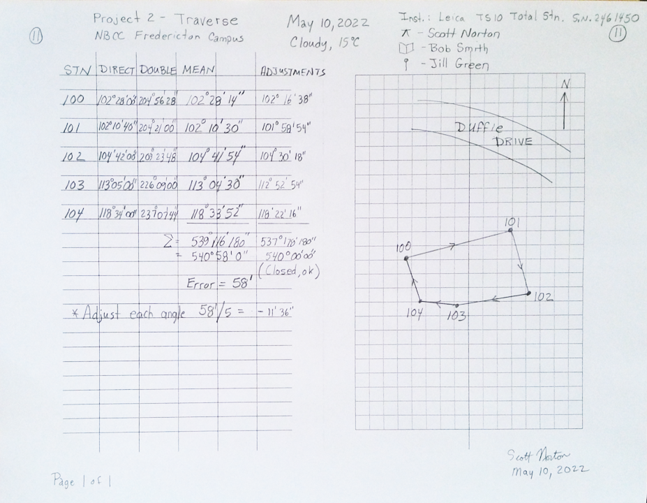 Surveying field notes sketch showing transverse survey mods