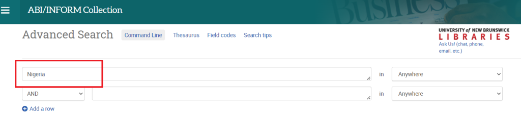 Screenshot of a country report search in Advanced Search for ABI/Inform, with Nigeria as an example.