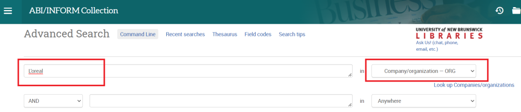 Screenshot of an advanced search for L'Oreal, using the company/organization field, and selecting "company profile" as document type.