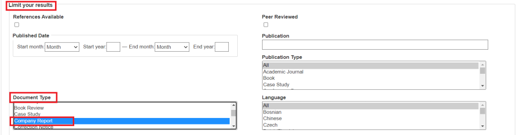 Screenshot of the results limited to "company report" as Document Type in Business Source Ultimate.