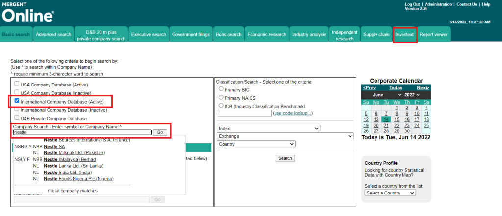 Screenshot of an example search for an international company, Nestle, using the International Company database in Mergent Online.