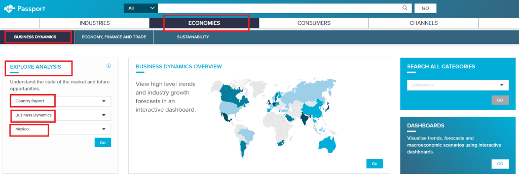 Screenshot of how to locate a country report in Passport, with Mexico selected.