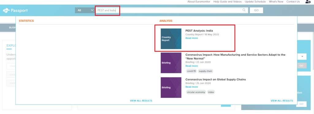 Screenshot of how to locate a PEST report for a country in Passport.