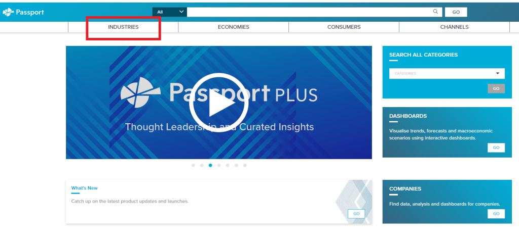 Screenshot of an example search in Passport on Pet Food. First, select the "Industries" tab.