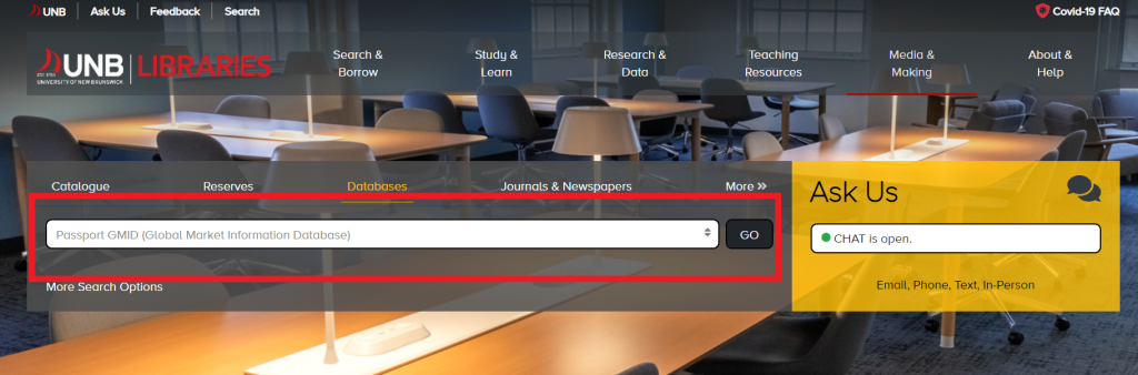 Screenshot of how to select the Passport database via the UNB Libraries' web site. Select "Passport" in the prefilled search box.