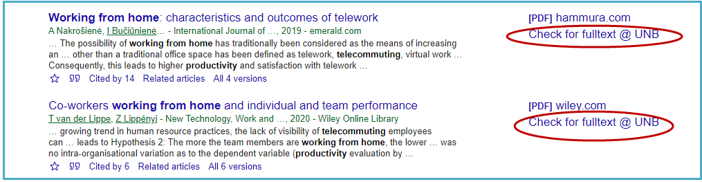 Screenshot of the "Check for fulltext at UNB" feature in Google Scholar.