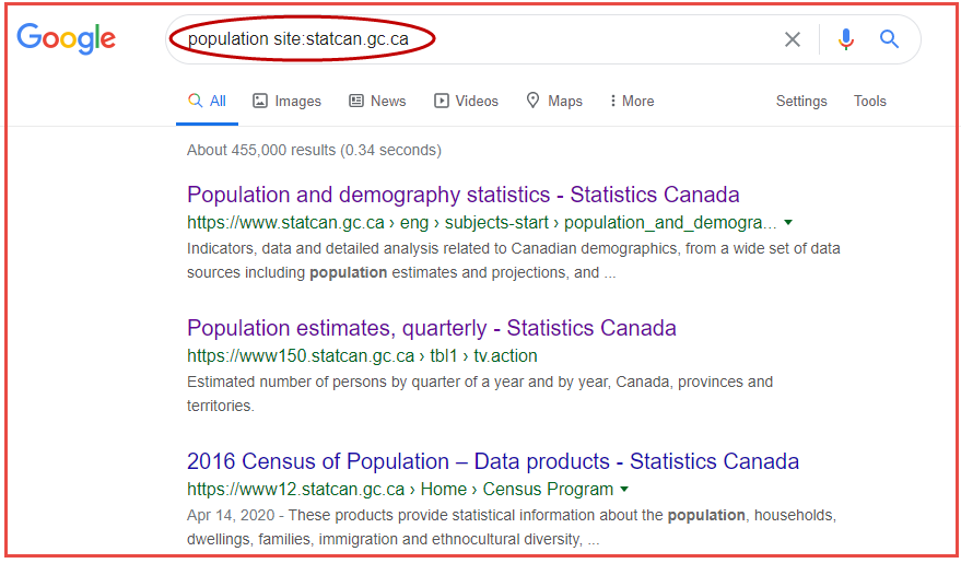 Screenshot of a Google search on only the Statistics Canada site.