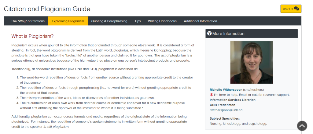 Screenshot of the Citation and Plagiarism Research Guide with contact information and a definition of plagiarism.