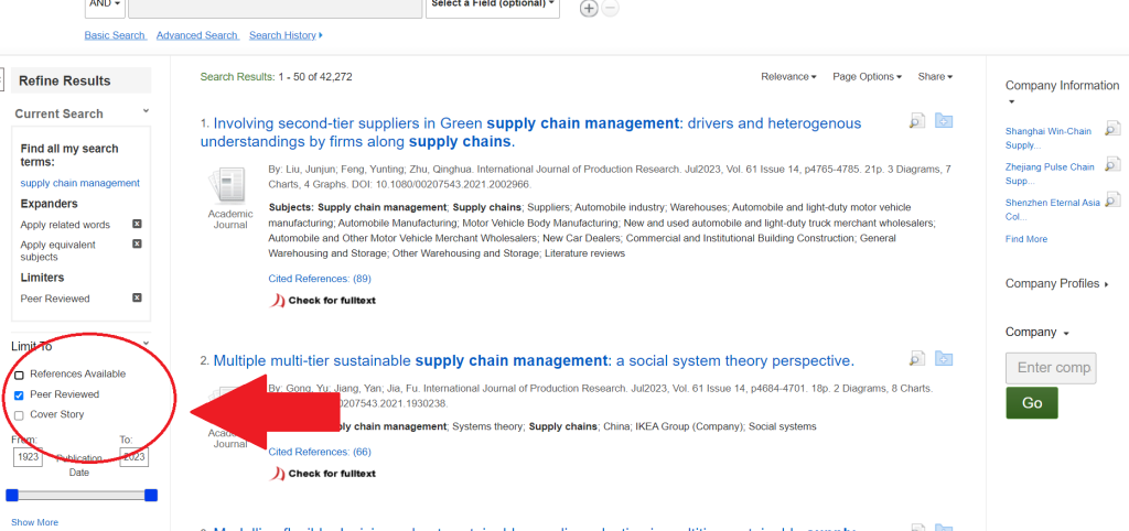 Red arrow pointing toward the peer review limiter in Business Source Ultimate.