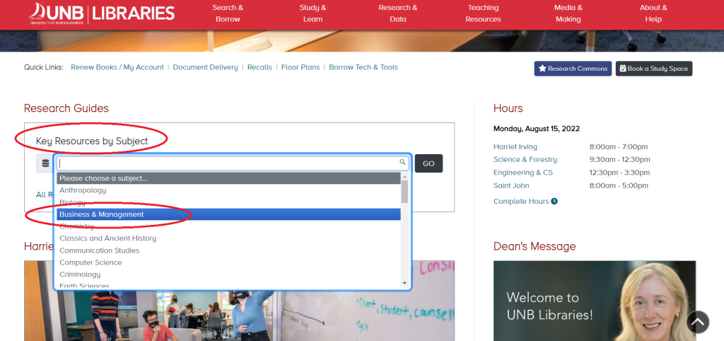 Screenshot of where to locate the Business & Management Research Guide.