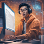 university student sitting at a computer prompting generative ai